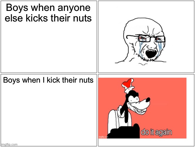 Y tho (I am a girl btw) | Boys when anyone else kicks their nuts; Boys when I kick their nuts | image tagged in memes,blank comic panel 2x2 | made w/ Imgflip meme maker