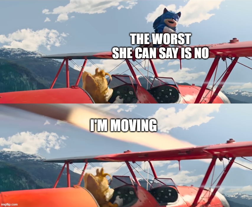 Sonic Hit with Missile | THE WORST SHE CAN SAY IS NO; I'M MOVING | image tagged in sonic hit with missile | made w/ Imgflip meme maker