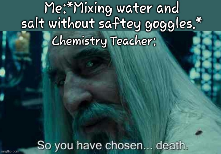 ? | Me:*Mixing water and salt without saftey goggles.*; Chemistry Teacher: | image tagged in so you have chosen death | made w/ Imgflip meme maker