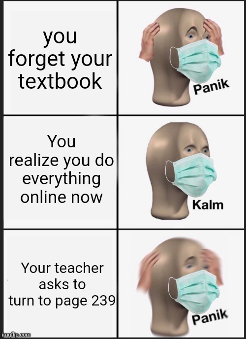 Super "unique" title | you forget your textbook; You realize you do everything online now; Your teacher asks to turn to page 239 | image tagged in memes,panik kalm panik | made w/ Imgflip meme maker