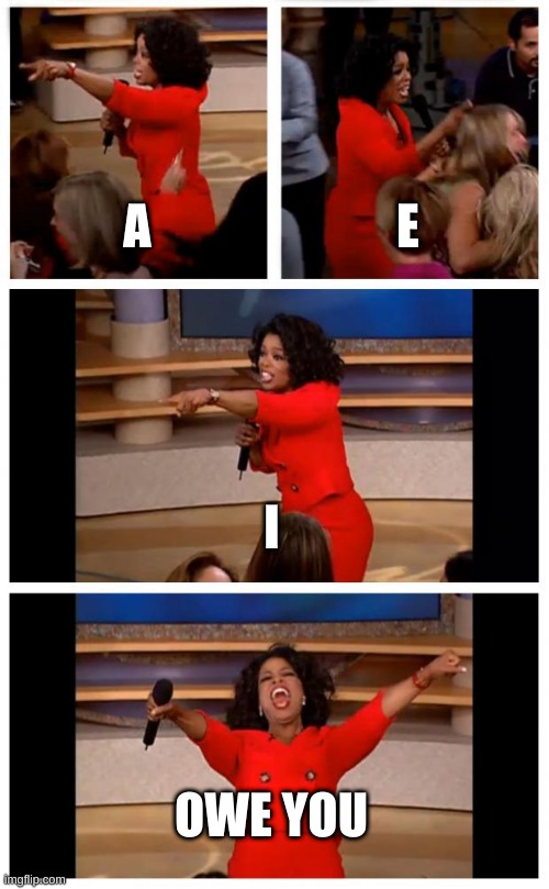 a heart | A; E; I; OWE YOU | image tagged in memes,oprah you get a car everybody gets a car | made w/ Imgflip meme maker