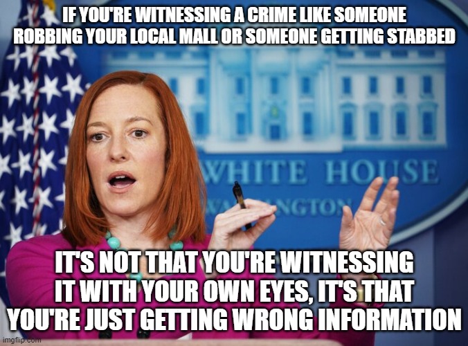 The left trying to explain why you're an idiot who is spreading fake news and why crime isn't rising. | IF YOU'RE WITNESSING A CRIME LIKE SOMEONE ROBBING YOUR LOCAL MALL OR SOMEONE GETTING STABBED; IT'S NOT THAT YOU'RE WITNESSING IT WITH YOUR OWN EYES, IT'S THAT YOU'RE JUST GETTING WRONG INFORMATION | image tagged in jen psaki explains | made w/ Imgflip meme maker
