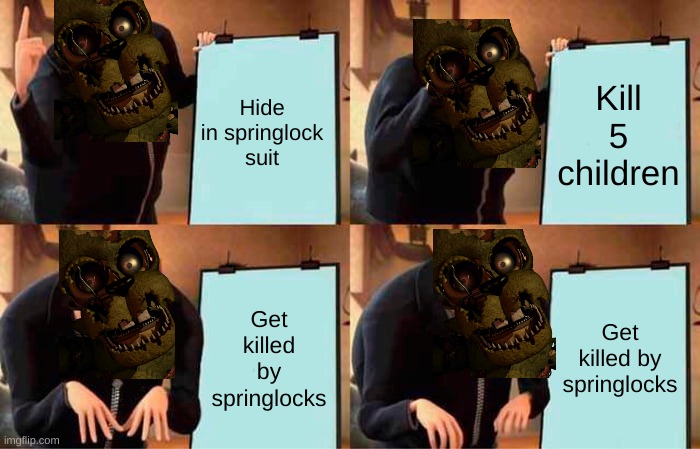Williams plan | Hide in springlock suit; Kill 5 children; Get killed by springlocks; Get killed by springlocks | image tagged in memes,fnaf,william afton | made w/ Imgflip meme maker