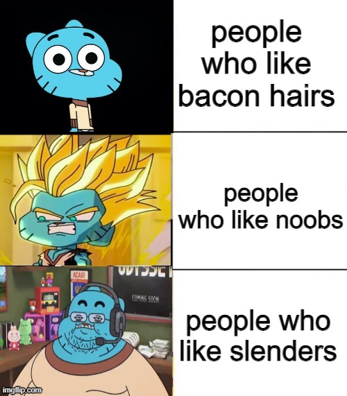 i like bacons and noobs | people who like bacon hairs; people who like noobs; people who like slenders | image tagged in best better blurst but with gumball | made w/ Imgflip meme maker