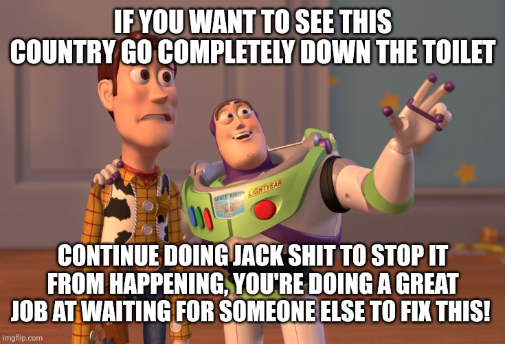 X, X Everywhere | IF YOU WANT TO SEE THIS COUNTRY GO COMPLETELY DOWN THE TOILET; CONTINUE DOING JACK SHIT TO STOP IT FROM HAPPENING, YOU'RE DOING A GREAT JOB AT WAITING FOR SOMEONE ELSE TO FIX THIS! | image tagged in memes,x x everywhere | made w/ Imgflip meme maker