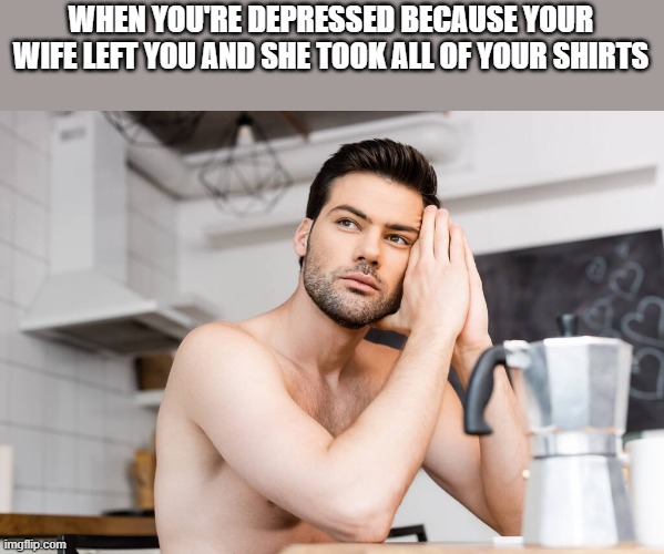 Depressed Because Your Wife Left You And Took Your Shirts | WHEN YOU'RE DEPRESSED BECAUSE YOUR WIFE LEFT YOU AND SHE TOOK ALL OF YOUR SHIRTS | image tagged in depressed,shirtless,wife,funny,memes,funny memes | made w/ Imgflip meme maker