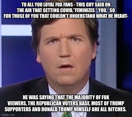 Tucker Carlson Face | TO ALL YOU LOYAL FOX FANS - THIS GUY SAID ON THE AIR THAT GETTING COVID,”FEMINIZES “ YOU.   SO FOR THOSE OF YOU THAT COULDN’T UNDERSTAND WHAT HE MEANT-; HE WAS SAYING THAT THE MAJORITY OF FOX VIEWERS, THE REPUBLICAN VOTERS BASE, MOST OF TRUMP SUPPORTERS AND DONALD TRUMP HIMSELF ARE ALL BITCHES. | image tagged in tucker carlson face | made w/ Imgflip meme maker