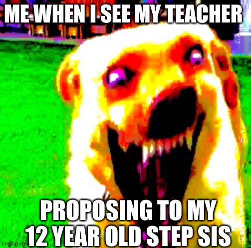 Nu uh let’s share 6️⃣9️⃣ | ME WHEN I SEE MY TEACHER; PROPOSING TO MY 12 YEAR OLD STEP SIS | image tagged in cursed deepfried dog | made w/ Imgflip meme maker