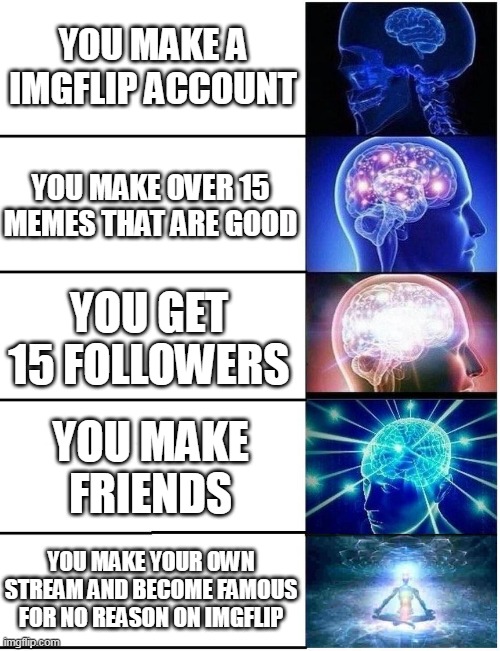 Smart titles? | YOU MAKE A IMGFLIP ACCOUNT; YOU MAKE OVER 15 MEMES THAT ARE GOOD; YOU GET 15 FOLLOWERS; YOU MAKE FRIENDS; YOU MAKE YOUR OWN STREAM AND BECOME FAMOUS FOR NO REASON ON IMGFLIP | image tagged in expanding brain 5 panel | made w/ Imgflip meme maker
