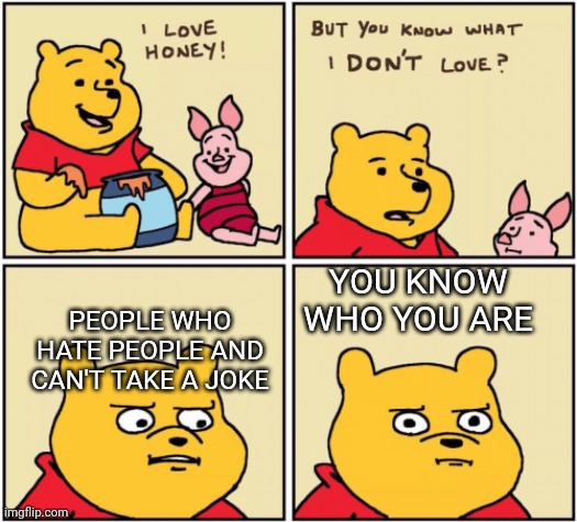 upset pooh | YOU KNOW WHO YOU ARE; PEOPLE WHO HATE PEOPLE AND CAN'T TAKE A JOKE | image tagged in upset pooh | made w/ Imgflip meme maker