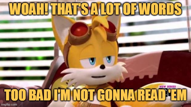 Scumbag Tails | WOAH! THAT'S A LOT OF WORDS TOO BAD I'M NOT GONNA READ 'EM | image tagged in scumbag tails | made w/ Imgflip meme maker