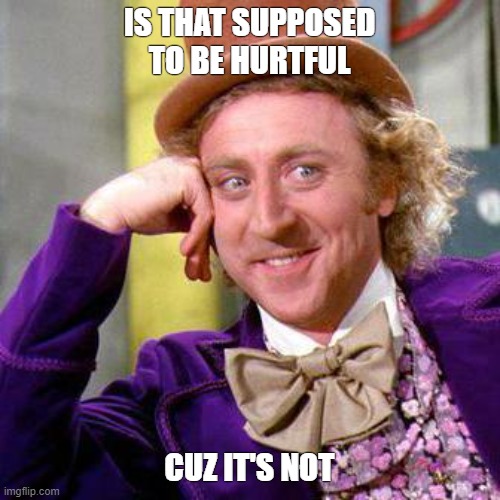 Willy Wonka Blank | IS THAT SUPPOSED TO BE HURTFUL CUZ IT'S NOT | image tagged in willy wonka blank | made w/ Imgflip meme maker