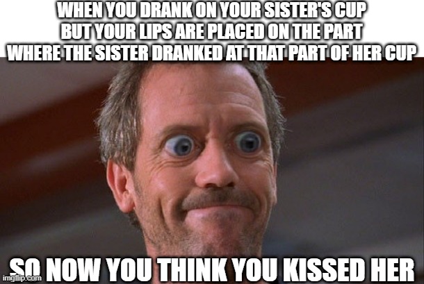 House Envy Do Want Big Eyes | WHEN YOU DRANK ON YOUR SISTER'S CUP BUT YOUR LIPS ARE PLACED ON THE PART WHERE THE SISTER DRANKED AT THAT PART OF HER CUP; SO NOW YOU THINK YOU KISSED HER | image tagged in house envy do want big eyes,memes,kiss,sister,cup | made w/ Imgflip meme maker