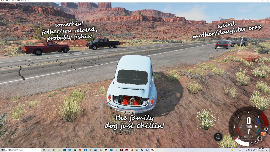 family portrayed by BeamNG.Drive | weird mother/daughter crap; somethin' father/son related, probably fishin'; the family dog just chillin' | image tagged in beamng drive,family | made w/ Imgflip meme maker