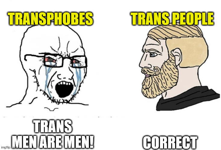 Soyboy Vs Yes Chad | TRANSPHOBES; TRANS PEOPLE; CORRECT; TRANS MEN ARE MEN! | image tagged in soyboy vs yes chad | made w/ Imgflip meme maker