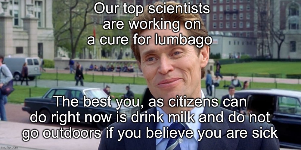 Updates will be given regularly, stay safe! | Our top scientists are working on a cure for lumbago; The best you, as citizens can do right now is drink milk and do not go outdoors if you believe you are sick | image tagged in you know i'm something of a scientist myself | made w/ Imgflip meme maker