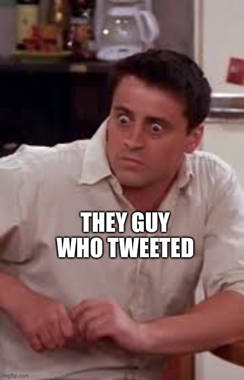 Joey Tribiani Suprised | THEY GUY WHO TWEETED | image tagged in joey tribiani suprised | made w/ Imgflip meme maker