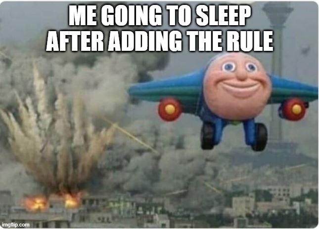 Flying Away From Chaos | ME GOING TO SLEEP AFTER ADDING THE RULE | image tagged in flying away from chaos | made w/ Imgflip meme maker