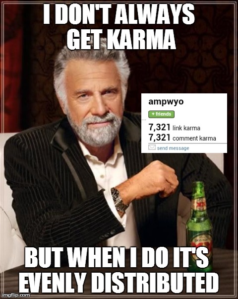 The Most Interesting Man In The World | I DON'T ALWAYS GET KARMA BUT WHEN I DO IT'S EVENLY DISTRIBUTED | image tagged in memes,the most interesting man in the world,AdviceAnimals | made w/ Imgflip meme maker