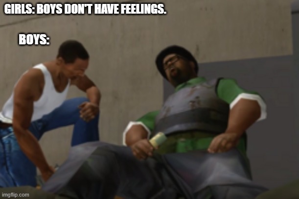 Hey bro :) | GIRLS: BOYS DON'T HAVE FEELINGS. BOYS: | image tagged in gta san andreas | made w/ Imgflip meme maker