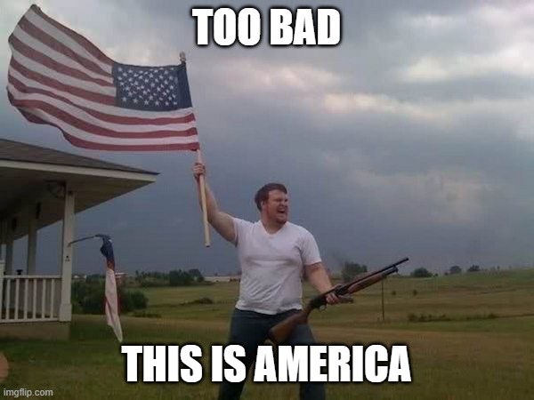 American flag shotgun guy | TOO BAD THIS IS AMERICA | image tagged in american flag shotgun guy | made w/ Imgflip meme maker