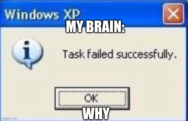 Task failed successfully | MY BRAIN: WHY | image tagged in task failed successfully | made w/ Imgflip meme maker