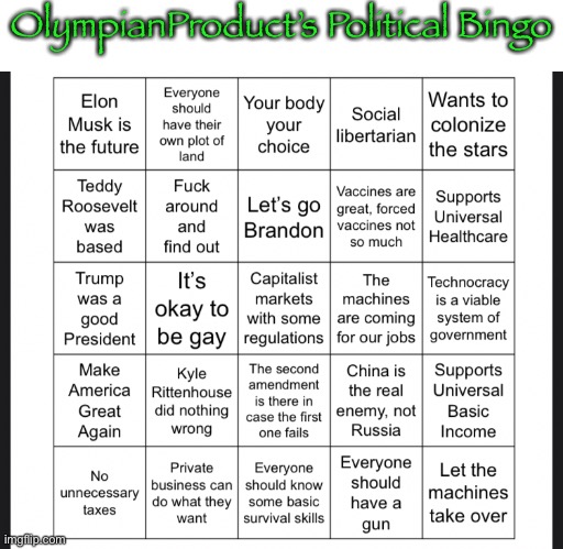 Figured I would jump on the political bingo bandwagon | OlympianProduct’s Political Bingo | made w/ Imgflip meme maker