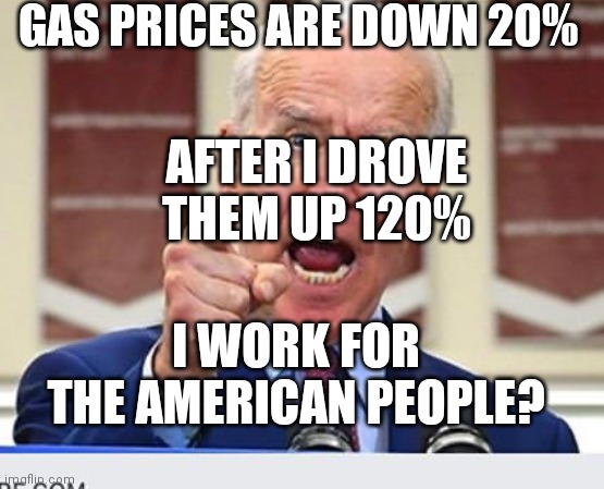 My Gas Prices Bring... | GAS PRICES ARE DOWN 20%; AFTER I DROVE THEM UP 120%; I WORK FOR THE AMERICAN PEOPLE? | image tagged in joe biden no malarkey,100,i love you,control | made w/ Imgflip meme maker