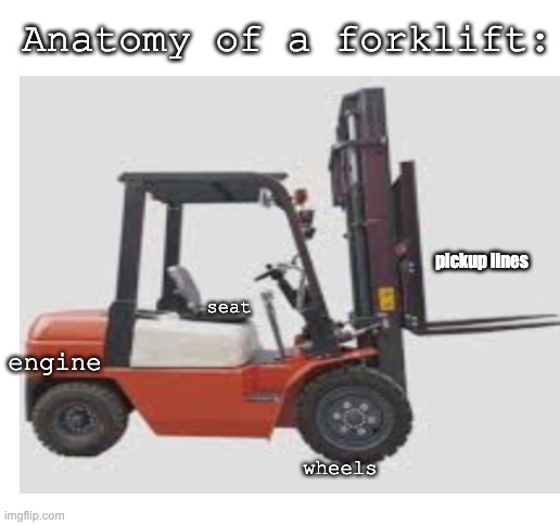 pickup lines | Anatomy of a forklift:; pickup lines; seat; engine; wheels | image tagged in blank white template,bad joke | made w/ Imgflip meme maker