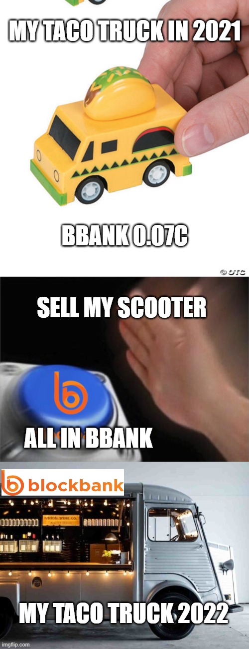 MY TACO TRUCK IN 2021; BBANK 0.07C; SELL MY SCOOTER; ALL IN BBANK; MY TACO TRUCK 2022 | image tagged in memes,blank nut button | made w/ Imgflip meme maker