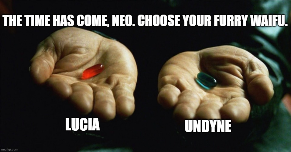 Furry Awakenings anyone? | THE TIME HAS COME, NEO. CHOOSE YOUR FURRY WAIFU. LUCIA; UNDYNE | image tagged in red pill blue pill | made w/ Imgflip meme maker
