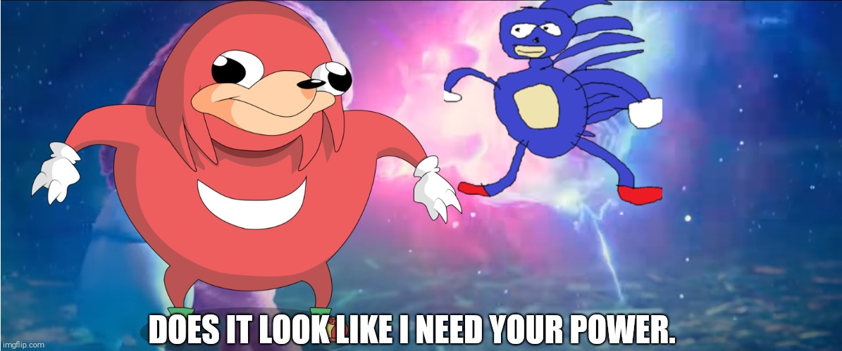 Ugandan knuckles vs Sanic | DOES IT LOOK LIKE I NEED YOUR POWER. | image tagged in sonic vs knuckles,sonic the hedgehog,funny memes,so true memes | made w/ Imgflip meme maker