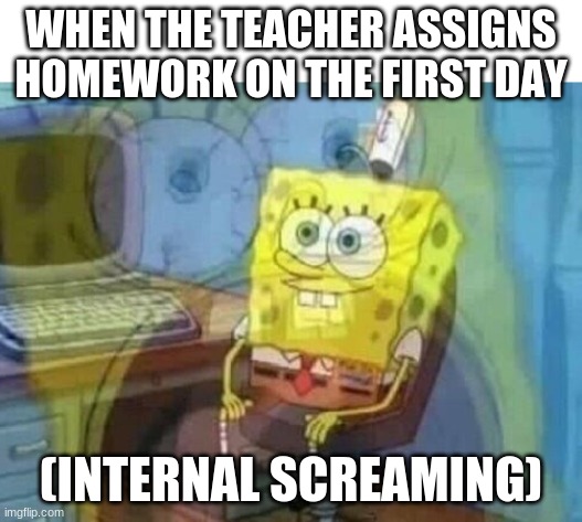 Internal screaming | WHEN THE TEACHER ASSIGNS HOMEWORK ON THE FIRST DAY; (INTERNAL SCREAMING) | image tagged in internal screaming | made w/ Imgflip meme maker