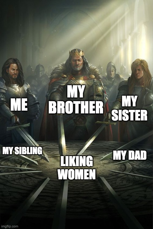 Knights of the Round Table | MY BROTHER; ME; MY SISTER; MY SIBLING; MY DAD; LIKING WOMEN | image tagged in knights of the round table | made w/ Imgflip meme maker