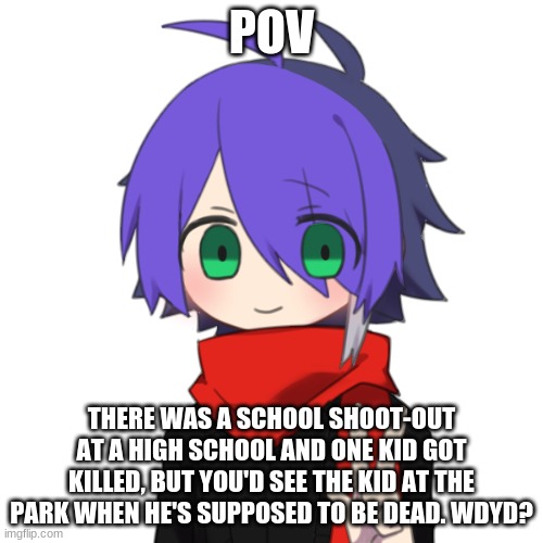 E | POV; THERE WAS A SCHOOL SHOOT-OUT AT A HIGH SCHOOL AND ONE KID GOT KILLED, BUT YOU'D SEE THE KID AT THE PARK WHEN HE'S SUPPOSED TO BE DEAD. WDYD? | image tagged in roleplay,paranormal,ghost | made w/ Imgflip meme maker