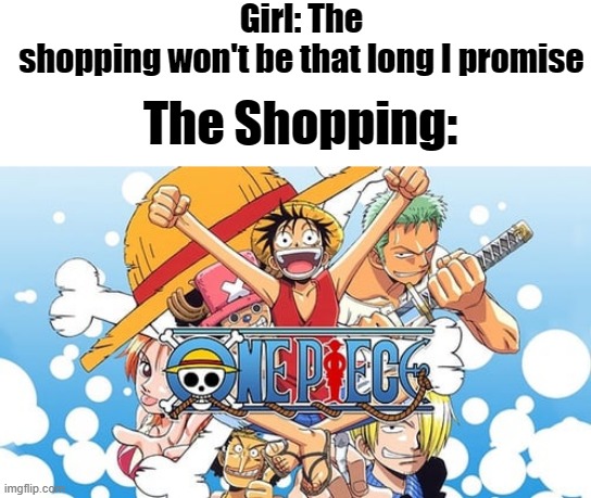 One piece meme idk | Girl: The shopping won't be that long I promise; The Shopping: | image tagged in anime meme | made w/ Imgflip meme maker
