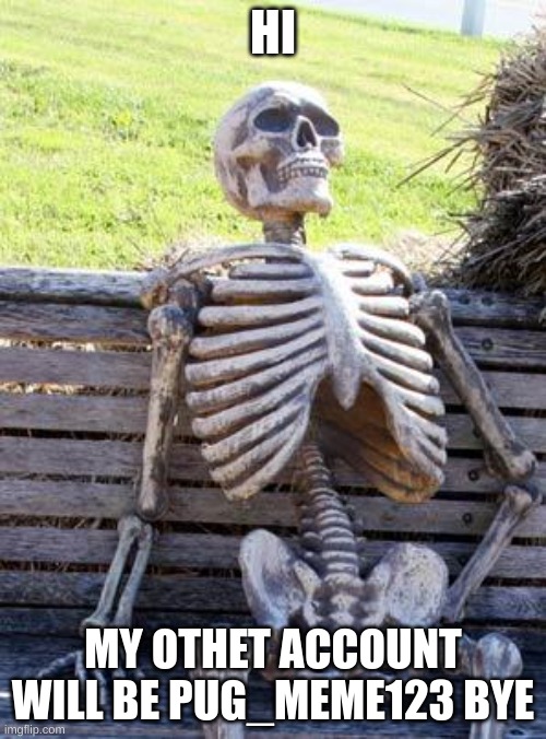 Waiting Skeleton Meme | HI; MY OTHET ACCOUNT WILL BE PUG_MEME123 BYE | image tagged in memes,waiting skeleton | made w/ Imgflip meme maker