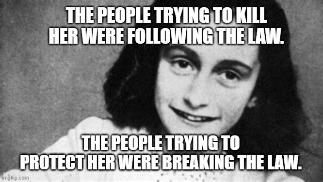 Anne Frank | THE PEOPLE TRYING TO KILL HER WERE FOLLOWING THE LAW. THE PEOPLE TRYING TO PROTECT HER WERE BREAKING THE LAW. | image tagged in anne frank,genocide | made w/ Imgflip meme maker