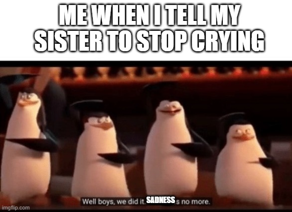 Well boys, we did it (blank) is no more | ME WHEN I TELL MY SISTER TO STOP CRYING; SADNESS | image tagged in well boys we did it blank is no more | made w/ Imgflip meme maker