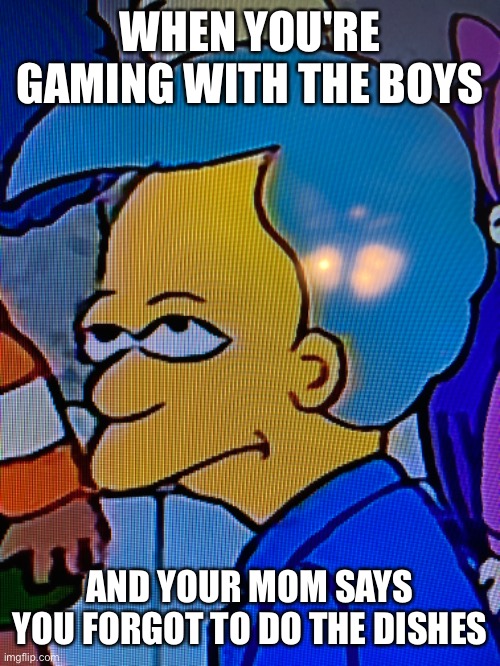this one is for all the 10 year olds and teens | WHEN YOU'RE GAMING WITH THE BOYS; AND YOUR MOM SAYS YOU FORGOT TO DO THE DISHES | image tagged in bruh,gaming,me and the boys | made w/ Imgflip meme maker