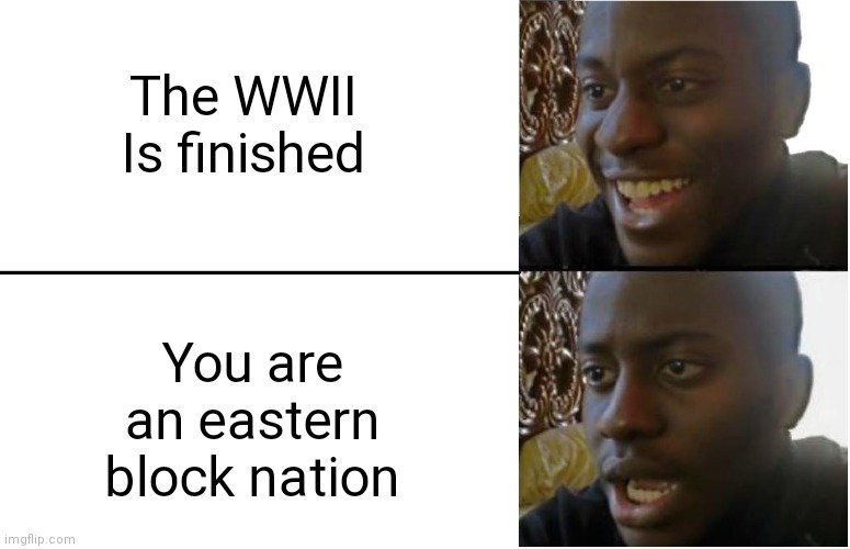 Disappointed Black Guy | The WWII Is finished; You are an eastern block nation | image tagged in disappointed black guy | made w/ Imgflip meme maker