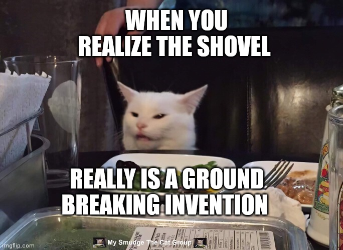  WHEN YOU REALIZE THE SHOVEL; REALLY IS A GROUND BREAKING INVENTION | image tagged in smudge the cat | made w/ Imgflip meme maker