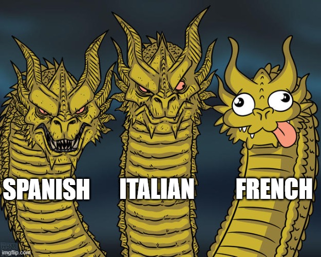 Learning the Romantic languages be like | FRENCH; ITALIAN; SPANISH | image tagged in three-headed dragon | made w/ Imgflip meme maker
