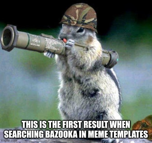 e | THIS IS THE FIRST RESULT WHEN SEARCHING BAZOOKA IN MEME TEMPLATES | image tagged in memes,bazooka squirrel | made w/ Imgflip meme maker