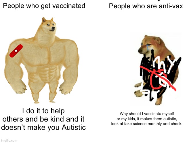 Buff Doge vs. Cheems Meme | People who get vaccinated; People who are anti-vax; I do it to help others and be kind and it doesn’t make you Autistic; Why should I vaccinate myself or my kids, it makes them autistic, look at fake science monthly and check. | image tagged in memes,buff doge vs cheems,vaccine,doge | made w/ Imgflip meme maker