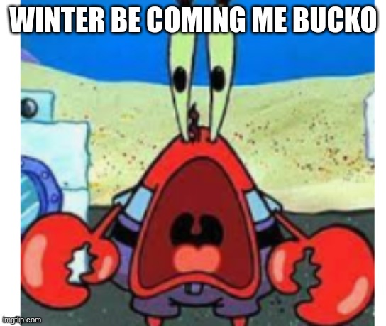 supirsed mr krabs | WINTER BE COMING ME BUCKO | image tagged in supirsed mr krabs | made w/ Imgflip meme maker