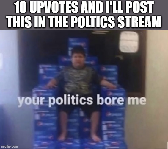 Your politics bore me | 10 UPVOTES AND I'LL POST THIS IN THE POLTICS STREAM | image tagged in your politics bore me | made w/ Imgflip meme maker