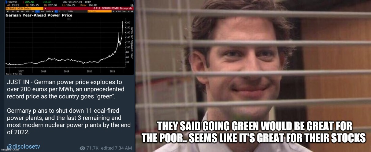 Stop believing these liberal scumbags | THEY SAID GOING GREEN WOULD BE GREAT FOR THE POOR.. SEEMS LIKE IT'S GREAT FOR THEIR STOCKS | image tagged in jim halpert smirking,green,global warming,liberals,liberal logic,poor people | made w/ Imgflip meme maker