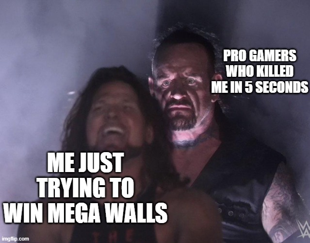 me vs pro gamers | PRO GAMERS WHO KILLED ME IN 5 SECONDS; ME JUST TRYING TO WIN MEGA WALLS | image tagged in undertaker | made w/ Imgflip meme maker