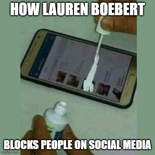White Out Cellphone | HOW LAUREN BOEBERT; BLOCKS PEOPLE ON SOCIAL MEDIA | image tagged in white out cellphone | made w/ Imgflip meme maker